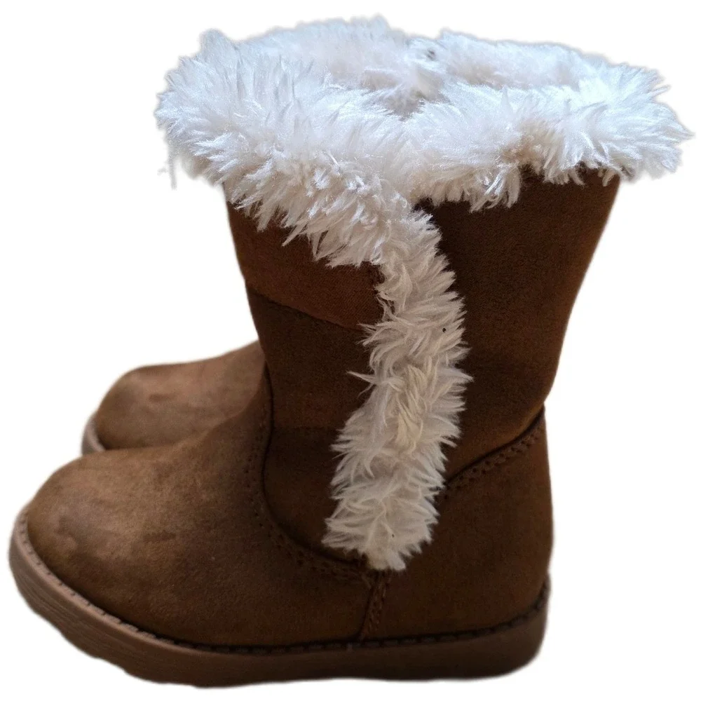 Cat & Jack Katrina Fleece Fashion Boots Girl's Size 5 Brown White Faux Fur Suede